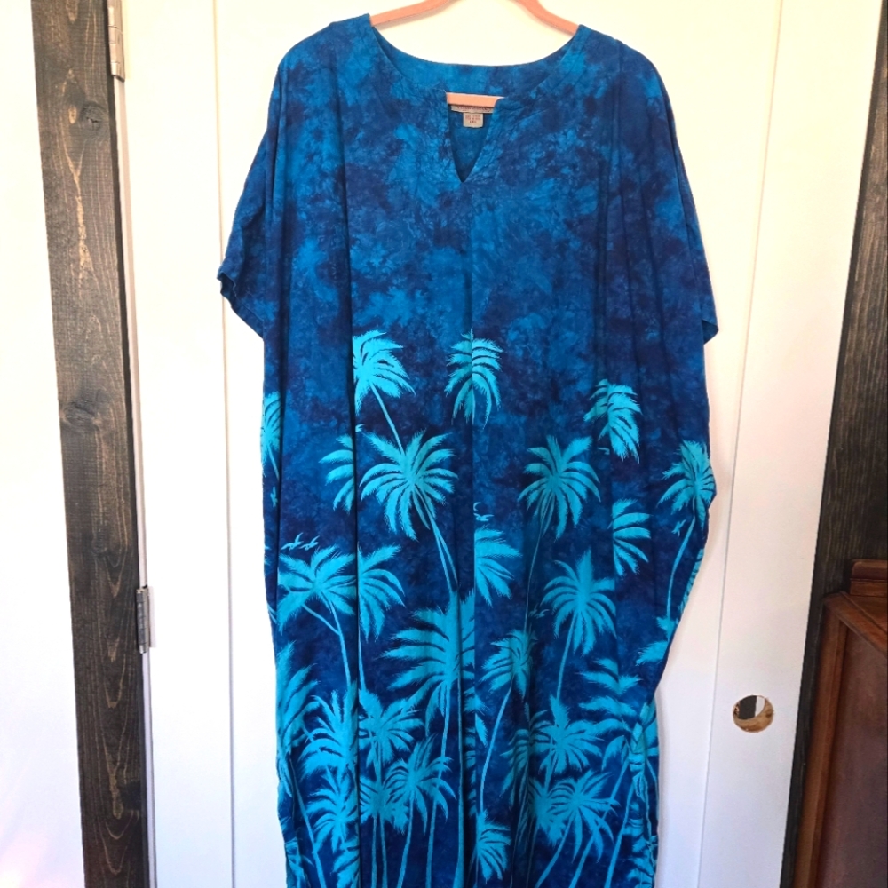 Peppermint Bay O/S Kaftan Blue with Palm Trees Swim Coverup